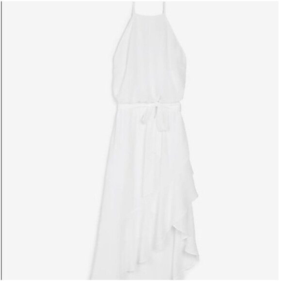 Express High Neck Asymmetrical Ruffle Wrap Fit And Flare Dress White Size Medium - Picture 5 of 8